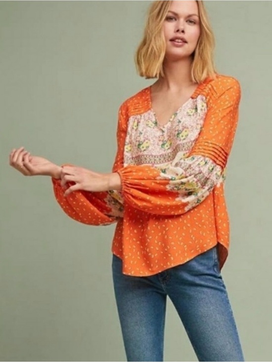 Anthropologie Tops - Maeve by Anthropologie | Orange Floral Patchwork Peasant Top | Size = XS